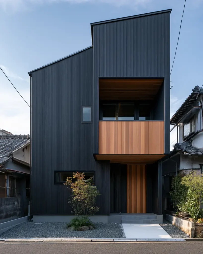 Modern Japanese House Design: 58 Ideas, Costs, and What Defines the Style 14 A modern Japanese house clad in dark ribbed galvalume steel with a monopitch roof.