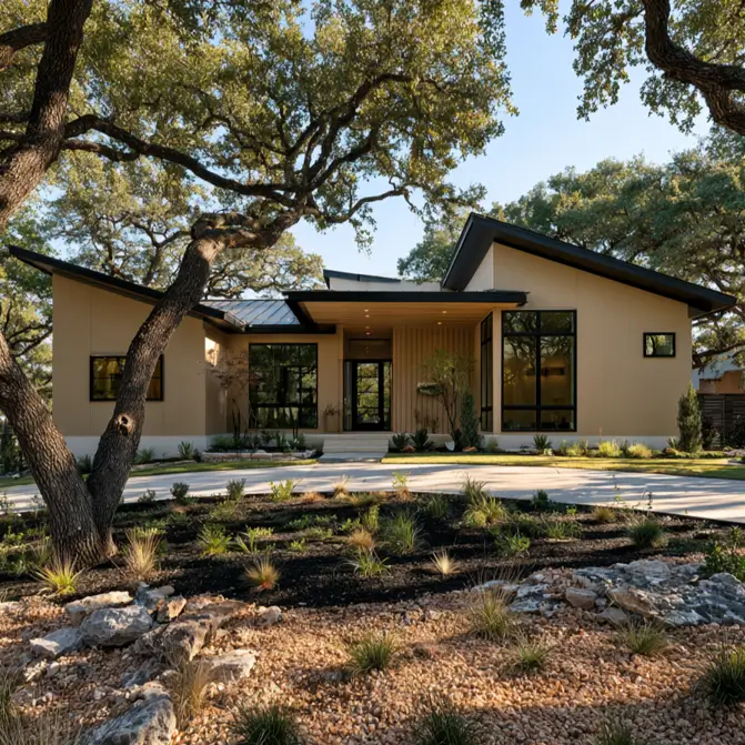40 Tan House With Black Trim Exteriors Worth Copying 14 Hill Country modern tan and black house with tan stucco, black-trimmed windows, and a butterfly roofline