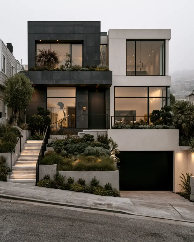 Modern Grey and White House Exterior: 30 Two-Tone Ideas 15 Modern grey and white house exterior with charcoal grey stone volume, white stucco box, black windows, and terraced planting on a hillside