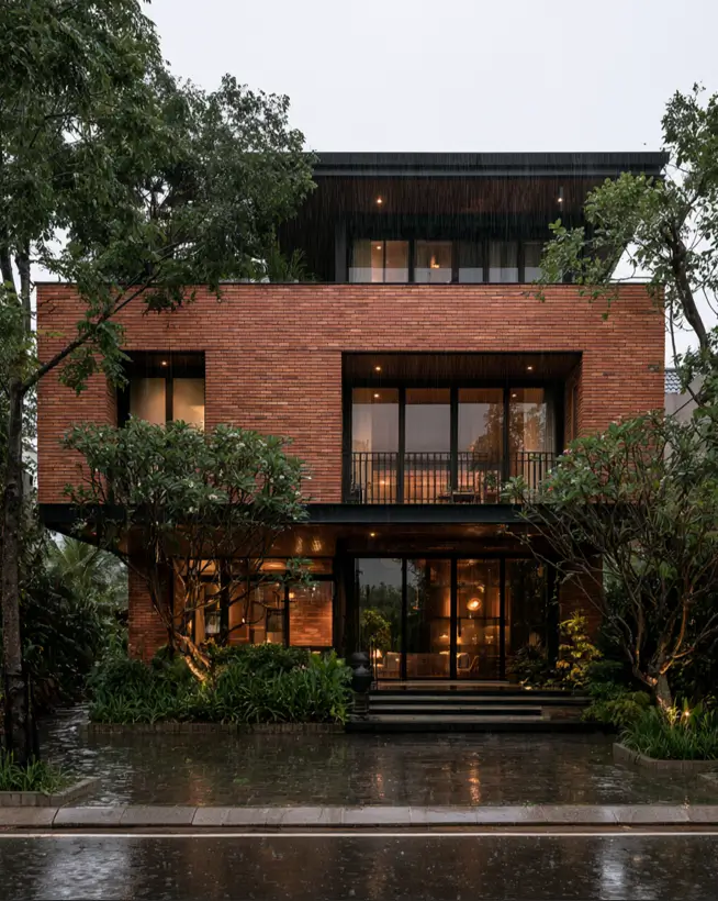 46 Red Brick House With Black Trim Ideas for Standout Curb Appeal 15 Modern red brick villa with black trim and a deep recessed black-framed balcony