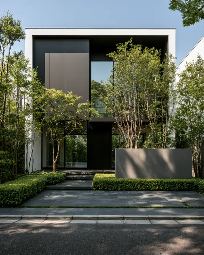 46 Modern Black and White House Exterior Ideas for a Timeless Look 15 White-framed cube wrapping a deep black recessed core