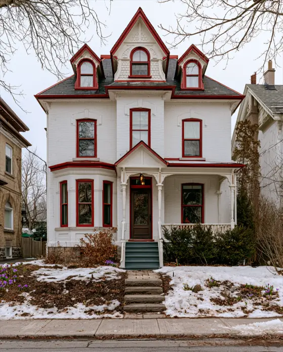 White House with Red Trim: 27 Ideas and How to Pick Your Red 15 Ornate white brick Victorian with every window and dormer outlined in true red