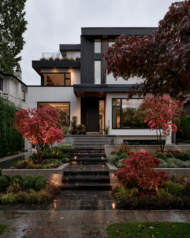 46 Modern Black and White House Exterior Ideas for a Timeless Look 16 Layered flat roofs with black fascias over white walls