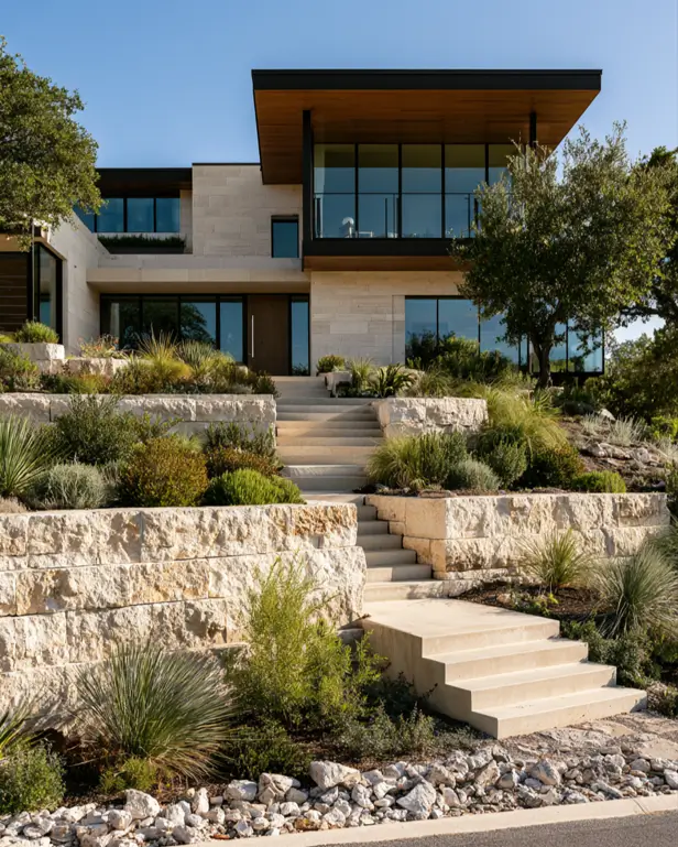 Hillside House Design: 38 Ideas for Building With the Slope 16 limestone modern hillside house with tiered stone retaining walls and terraced drought-tolerant planting