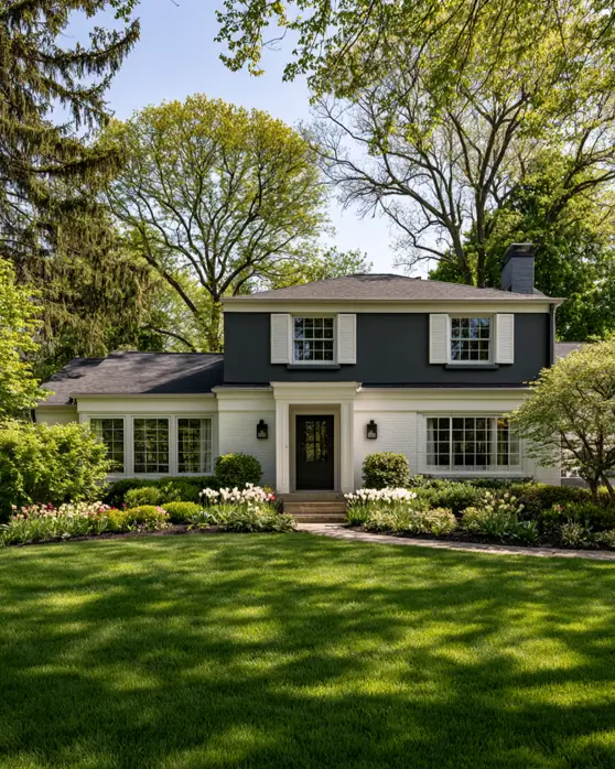 Modern Grey and White House Exterior: 30 Two-Tone Ideas 16 Modern grey and white house exterior with charcoal painted upper storey, white brick base, pale shutters, and tulip beds along the front
