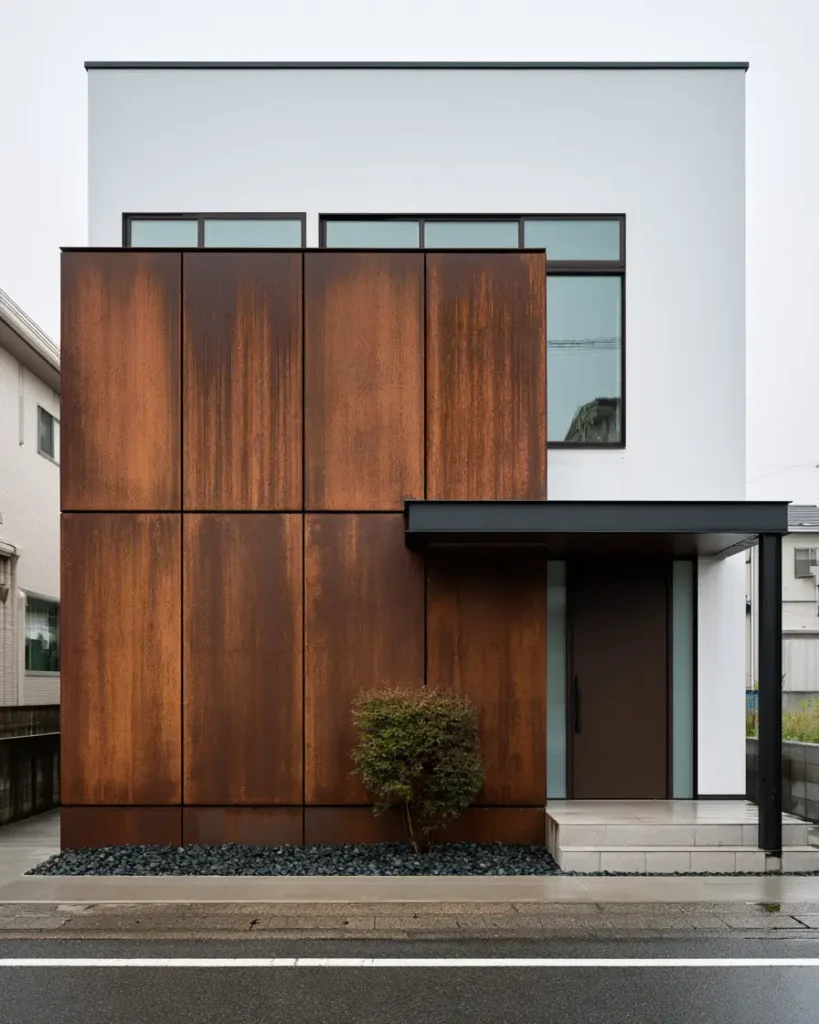 Modern Japanese House Design: 58 Ideas, Costs, and What Defines the Style 16 Weathered corten steel cladding on the ground floor with smooth render above.