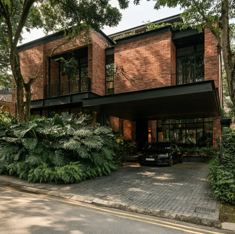 46 Red Brick House With Black Trim Ideas for Standout Curb Appeal 16 Modern red brick house with black trim and a black cantilevered carport