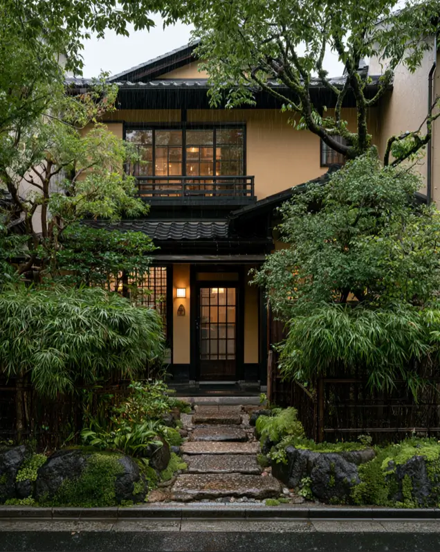 40 Tan House With Black Trim Exteriors Worth Copying 16 Tan house with black trim in Japanese machiya style, with black lattice windows and a dark tile roof