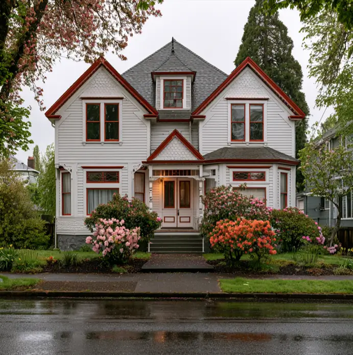 White House with Red Trim: 27 Ideas and How to Pick Your Red 16 Symmetrical white Queen Anne Victorian with rusty-red gable and window trim in spring
