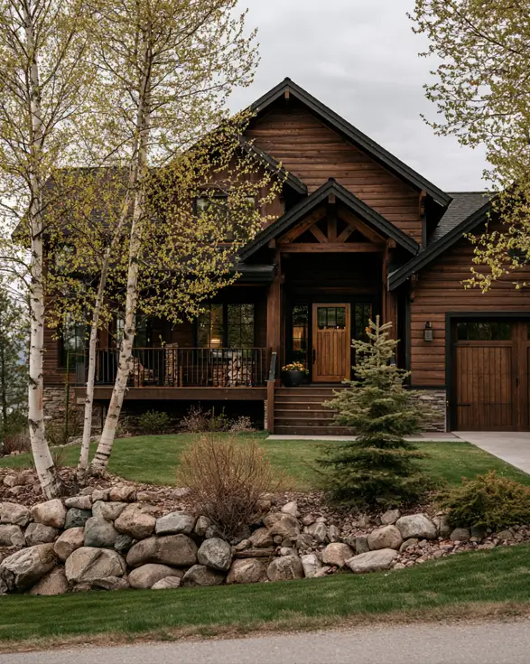 37 Brown House with Black Trim Ideas for a Warm, Modern Exterior 17 Dark stained timber mountain lodge with charcoal gable roofing, black-framed windows, and a stone base