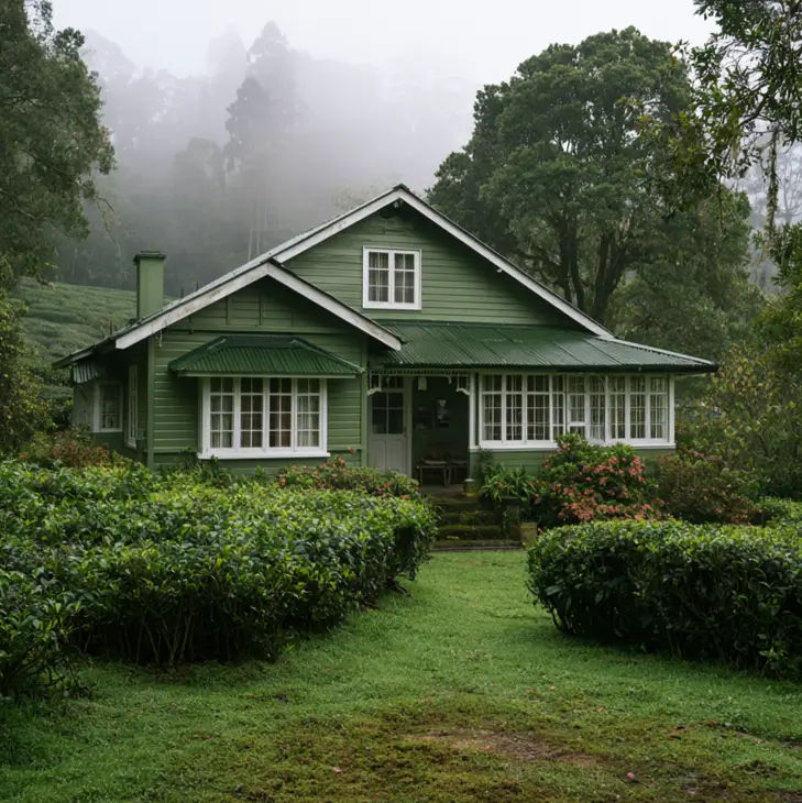 43 Green House With White Trim Ideas for Fresh Curb Appeal 17 green house with white trim, a bay window, and glassed-in porch on a colonial tea-estate bungalow in misty hills