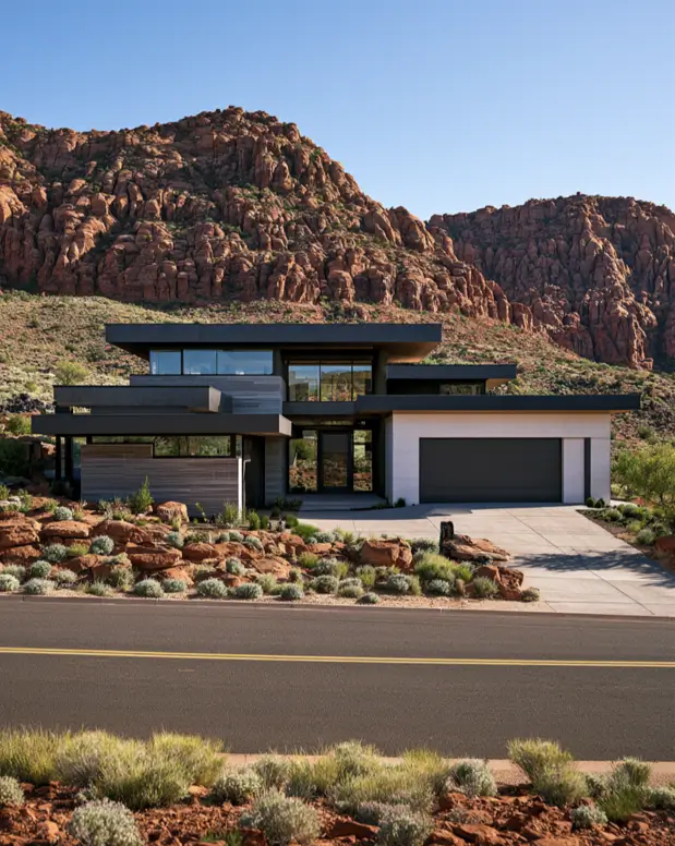 Modern Grey and White House Exterior: 30 Two-Tone Ideas 17 Modern grey and white house exterior with dark grey volumes, white panelled bay, deep flat eaves, wood accents, and red rock desert backdrop