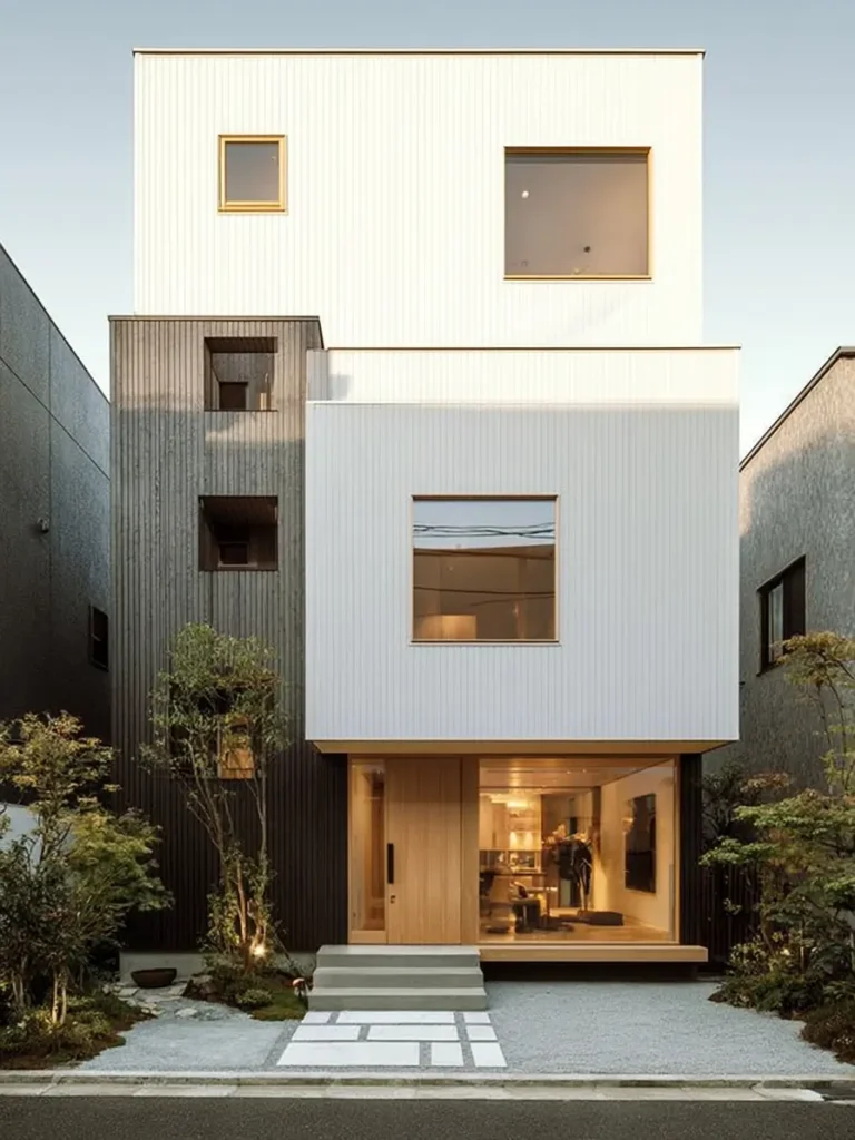 Modern Japanese House Design: 58 Ideas, Costs, and What Defines the Style 17 White ribbed cladding volumes cantilevered over a dark charred timber core and lit entrance.