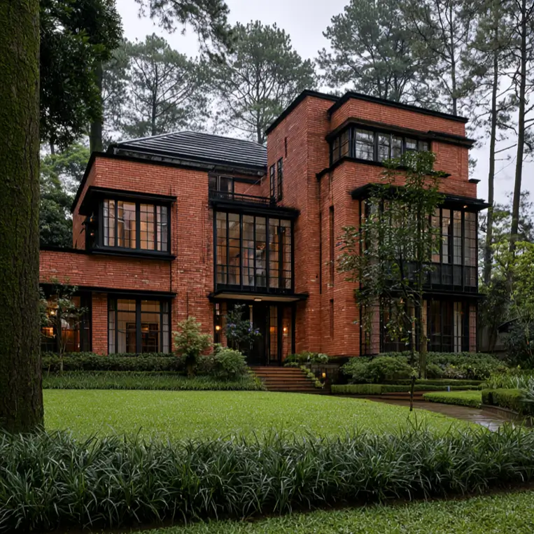 46 Red Brick House With Black Trim Ideas for Standout Curb Appeal 17 Large red brick house with black trim and stacked black windows across three floors