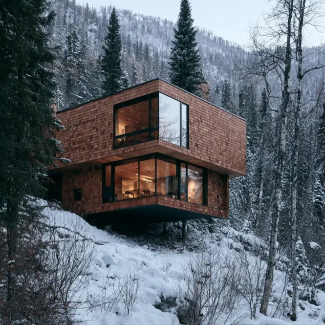 Hillside House Design: 38 Ideas for Building With the Slope 17 cedar-shingled hillside house design cantilevered on steel over a steep snowy mountain slope