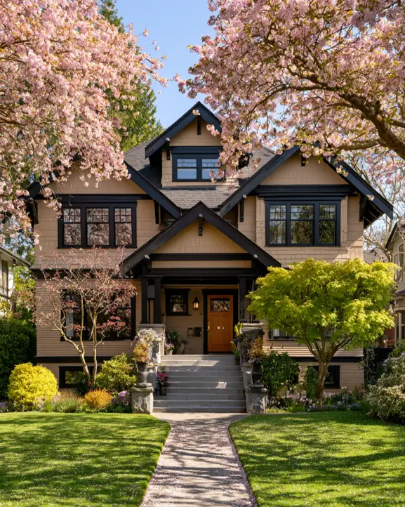 40 Tan House With Black Trim Exteriors Worth Copying 17 Craftsman tan house with black trim outlining the windows, gables, and eaves, with a wood front door