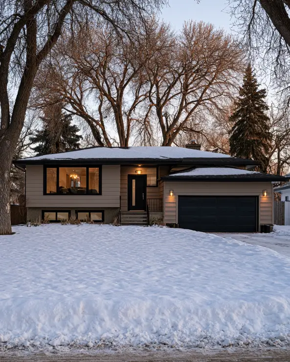 Taupe House With Black Trim: 28 Ideas + Best Paint Colors 17 Taupe house with black trim on a raised ranch with a black garage door and black front door in snow
