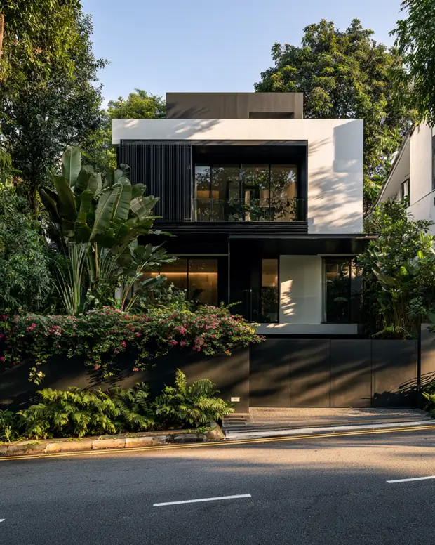 46 Modern Black and White House Exterior Ideas for a Timeless Look 17 Modern black and white house exterior with a white upper box and black vertical slat screen