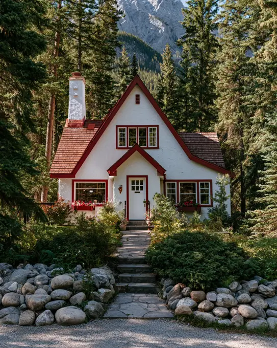 White House with Red Trim: 27 Ideas and How to Pick Your Red 17 White house with red trim, barn-red window frames and gable trim on a storybook stucco cottage
