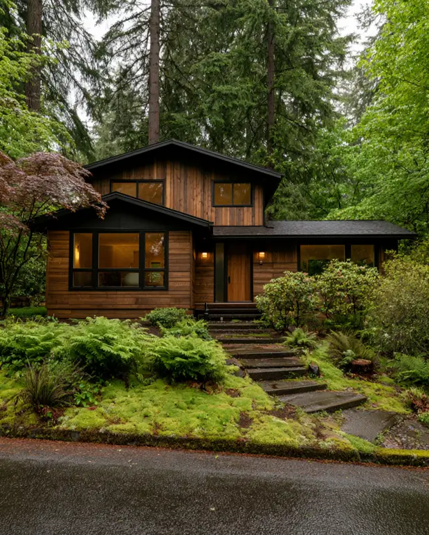 37 Brown House with Black Trim Ideas for a Warm, Modern Exterior 18 Warm cedar mid-century split-level home with black window frames and a low charcoal roofline in a mossy forest