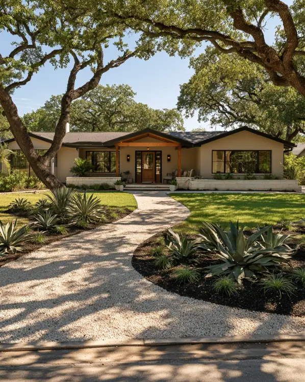 Taupe House With Black Trim: 28 Ideas + Best Paint Colors 18 Taupe house with black trim on a long greige Hill Country ranch with black windows and a limestone base