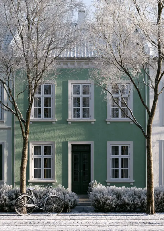 43 Green House With White Trim Ideas for Fresh Curb Appeal 18 mid green house with white trim, tall window architraves, and a dark green door on a classical Nordic townhouse