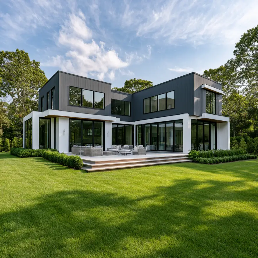 Modern Grey and White House Exterior: 30 Two-Tone Ideas 18 Modern grey and white house exterior with charcoal grey clad upper storey, white ground level, black glass walls, wood soffits, and green lawn