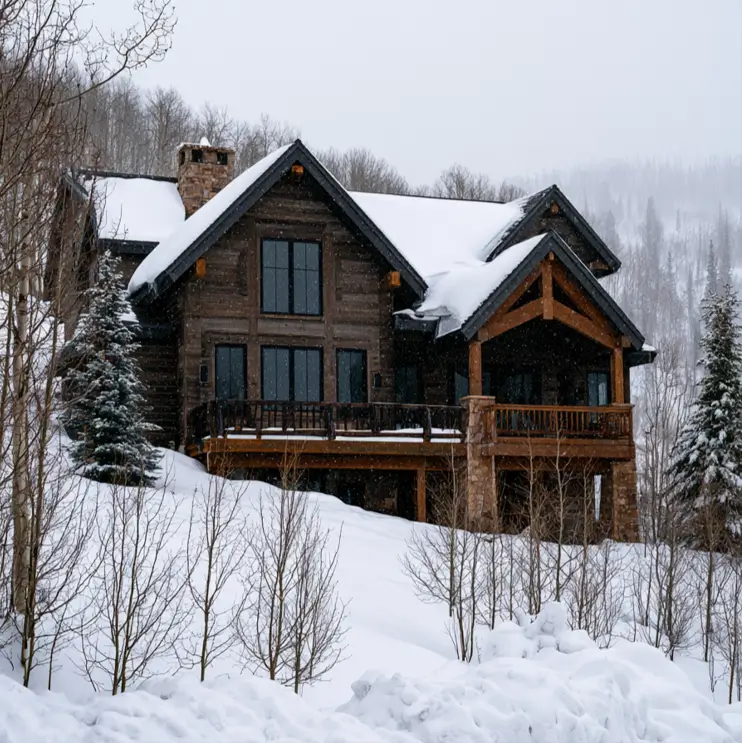 Hillside House Design: 38 Ideas for Building With the Slope 18 timber and stone lodge stepping down a snowy mountain slope with a stone-pier deck