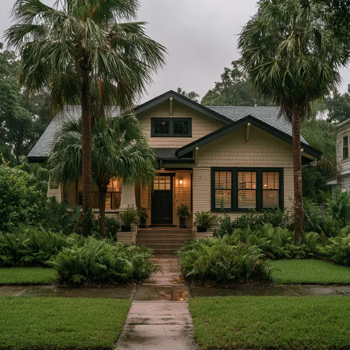 40 Tan House With Black Trim Exteriors Worth Copying 18 Tan and black house bungalow with black-trimmed windows and door, framed by palms and ferns