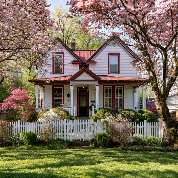White House with Red Trim: 27 Ideas and How to Pick Your Red 18 White clapboard farmhouse with deep red trim, a red porch roof, red door, and white picket fence