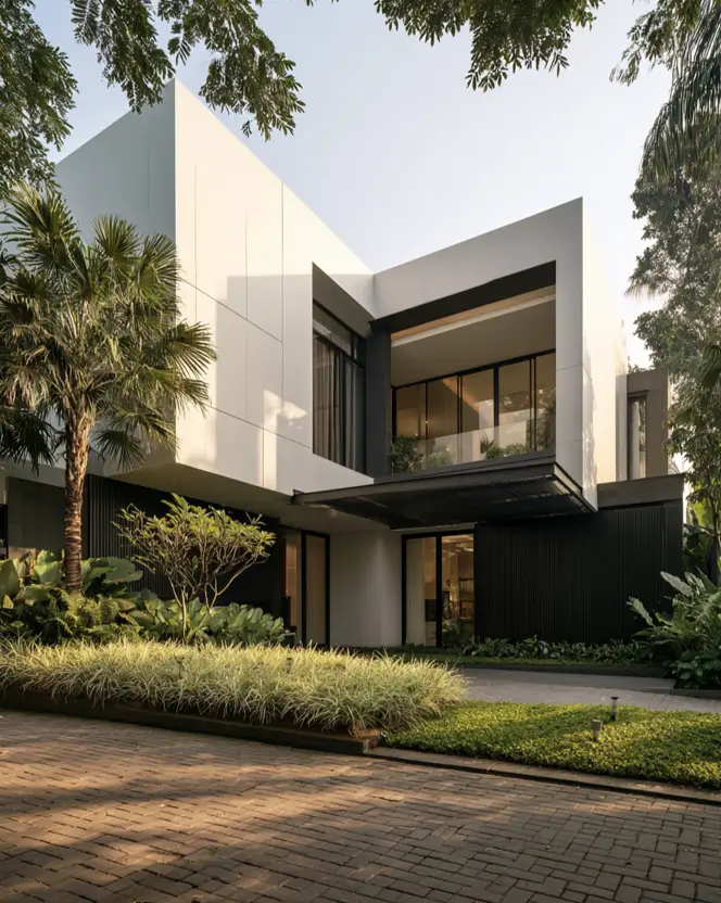 46 Modern Black and White House Exterior Ideas for a Timeless Look 18 White paneled upper floor cantilevered over a dark slatted base
