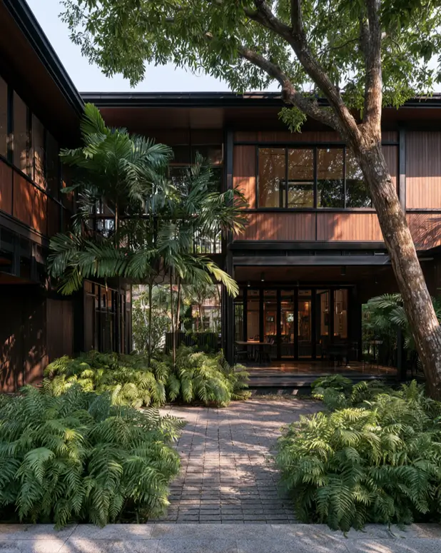 37 Brown House with Black Trim Ideas for a Warm, Modern Exterior 19 Brown house with black trim, warm brown wood wings with black-framed windows and dark posts around a fern courtyard