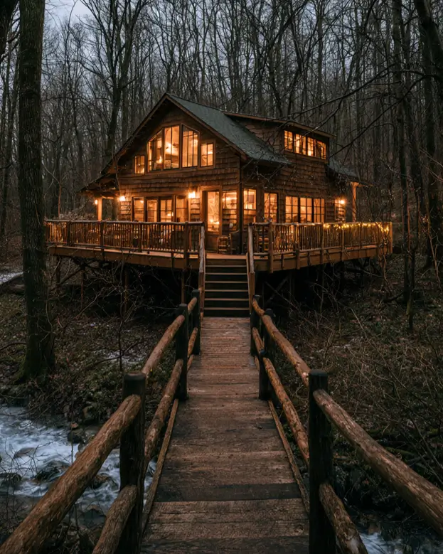 Hillside House Design: 38 Ideas for Building With the Slope 19 shingled hillside cabin on tall stilts above a wooded creek ravine with a log footbridge