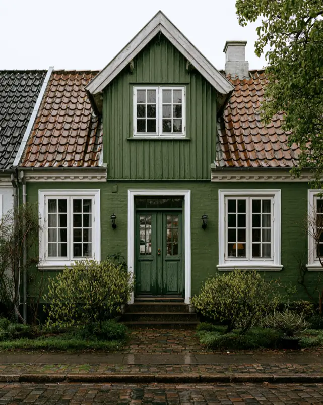 43 Green House With White Trim Ideas for Fresh Curb Appeal 19 green house with white trim, deep window casings, and a green door on an old Danish townhouse with a pantile roof