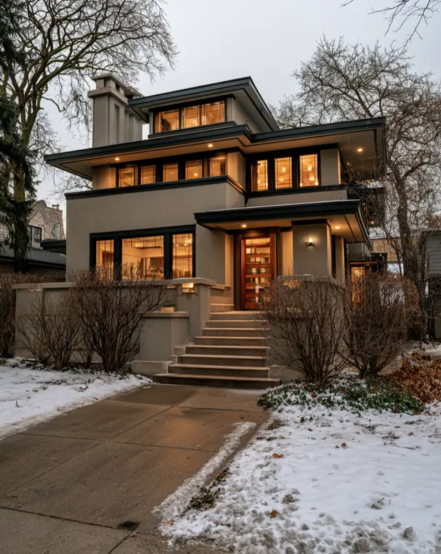 Taupe House With Black Trim: 28 Ideas + Best Paint Colors 19 Taupe house with black trim on a greige Prairie-style home with horizontal black fascia banding at dusk