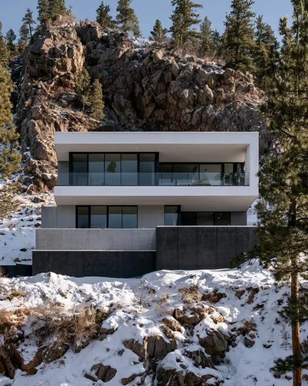 Modern Grey and White House Exterior: 30 Two-Tone Ideas 19 Modern grey and white house exterior with white cantilevered upper box, dark grey concrete base, black glass walls, on a snowy rocky mountainside