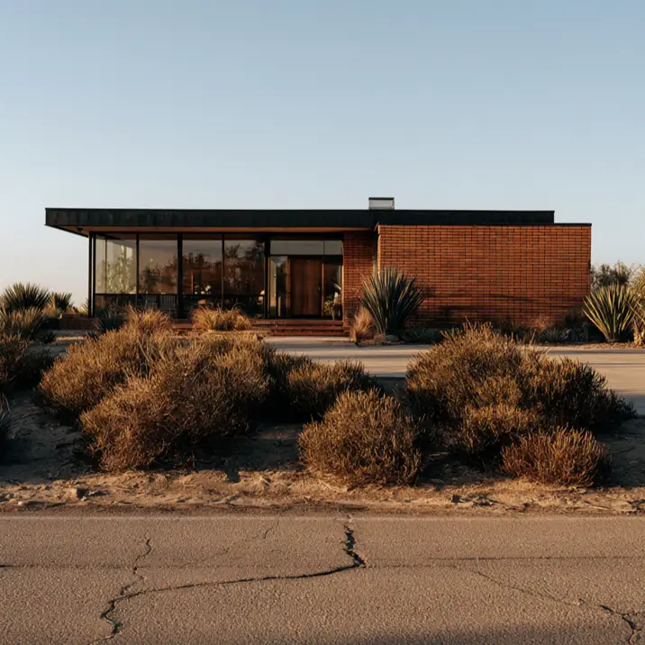 46 Red Brick House With Black Trim Ideas for Standout Curb Appeal 19 Low red brick house with black trim and a flat black roofline in the desert