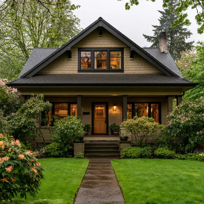 40 Tan House With Black Trim Exteriors Worth Copying 19 Craftsman bungalow tan house with black trim, a black-framed dormer, and greige shingle siding