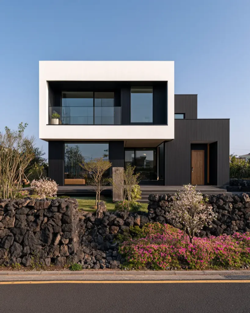 46 Modern Black and White House Exterior Ideas for a Timeless Look 19 White frame overhang above a black ribbed siding base