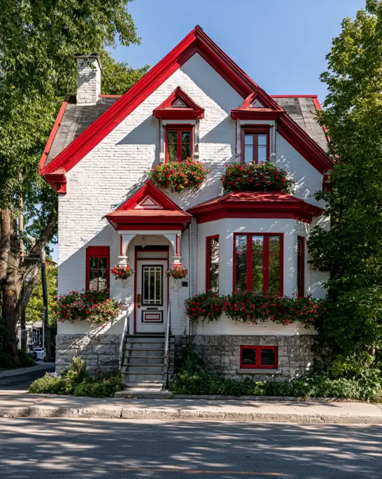 White House with Red Trim: 27 Ideas and How to Pick Your Red 19 White Quebec-style cottage with bold red gable and window trim and red geraniums in the window boxes