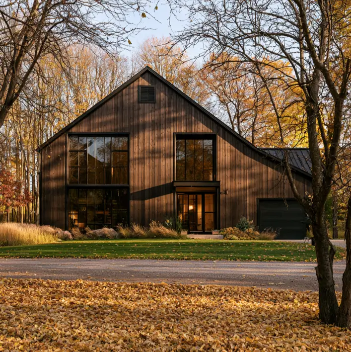 37 Brown House with Black Trim Ideas for a Warm, Modern Exterior 20 Dark stained board barn-style home with tall charcoal-gridded windows and a matching dark garage door at dusk
