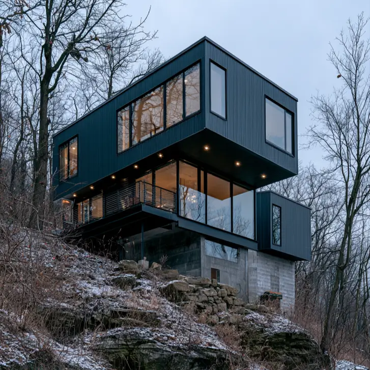 Hillside House Design: 38 Ideas for Building With the Slope 20 black stacked modern hillside house cantilevered over a rocky snowy slope on a concrete base