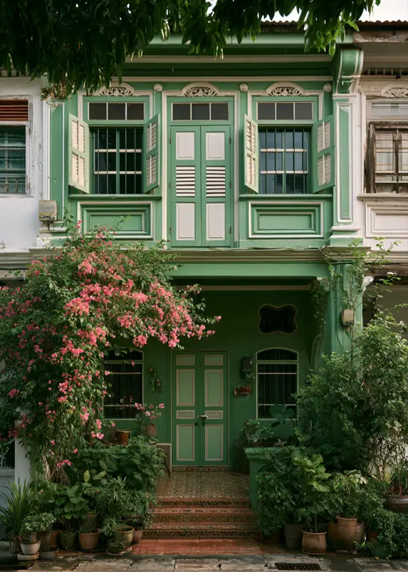 43 Green House With White Trim Ideas for Fresh Curb Appeal 20 jade green house with white trim, louvered shutters, and bougainvillea on a Peranakan shophouse facade