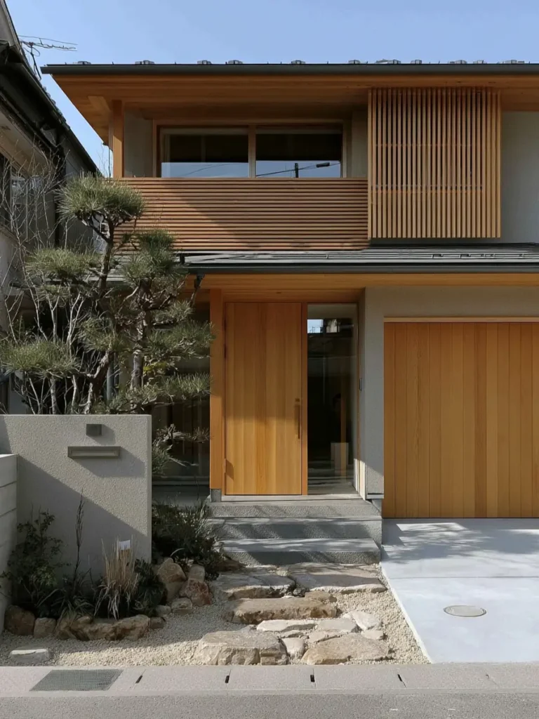 Modern Japanese House Design: 58 Ideas, Costs, and What Defines the Style 20 Horizontal cedar louvres on a balcony rail beside vertical slat screens at the window.