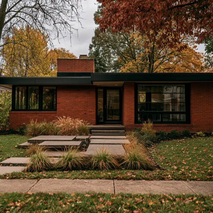 46 Red Brick House With Black Trim Ideas for Standout Curb Appeal 20 Mid-century red brick ranch with black trim, flat black fascia, and picture windows