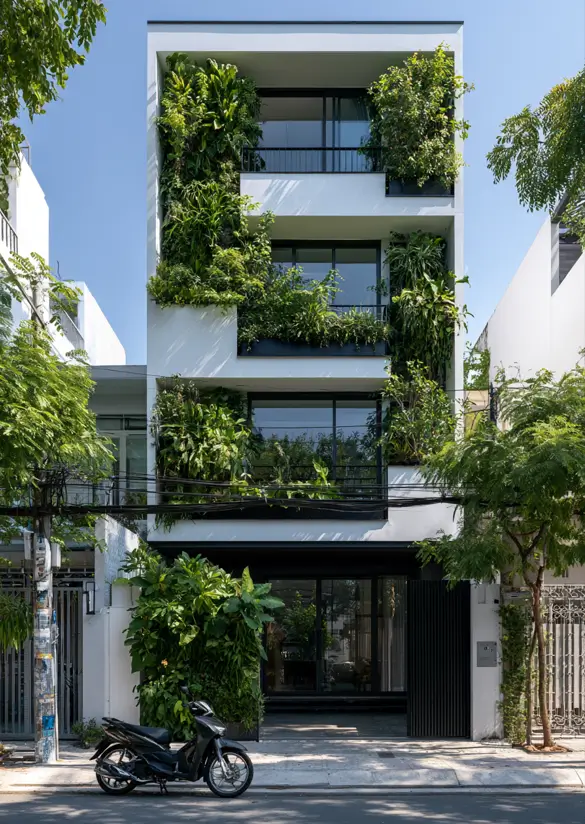 46 Modern Black and White House Exterior Ideas for a Timeless Look 20 Narrow townhouse with white bands, black glass, and balcony gardens