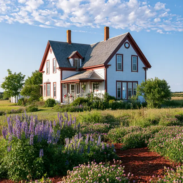 White House with Red Trim: 27 Ideas and How to Pick Your Red 20 White country farmhouse with russet-red trim above a summer meadow of lupines