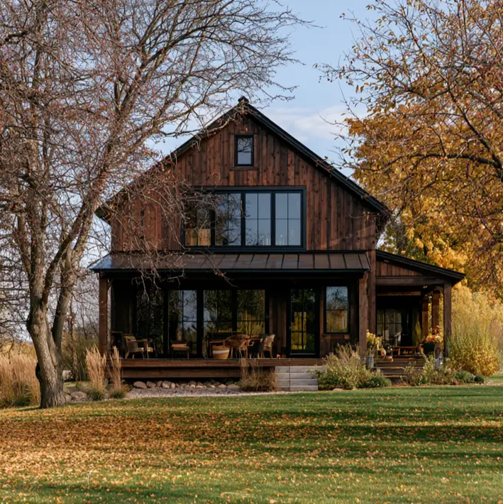37 Brown House with Black Trim Ideas for a Warm, Modern Exterior 21 Deep brown board-and-batten barn-style farmhouse with black-gridded windows and a dark metal porch roof in autumn