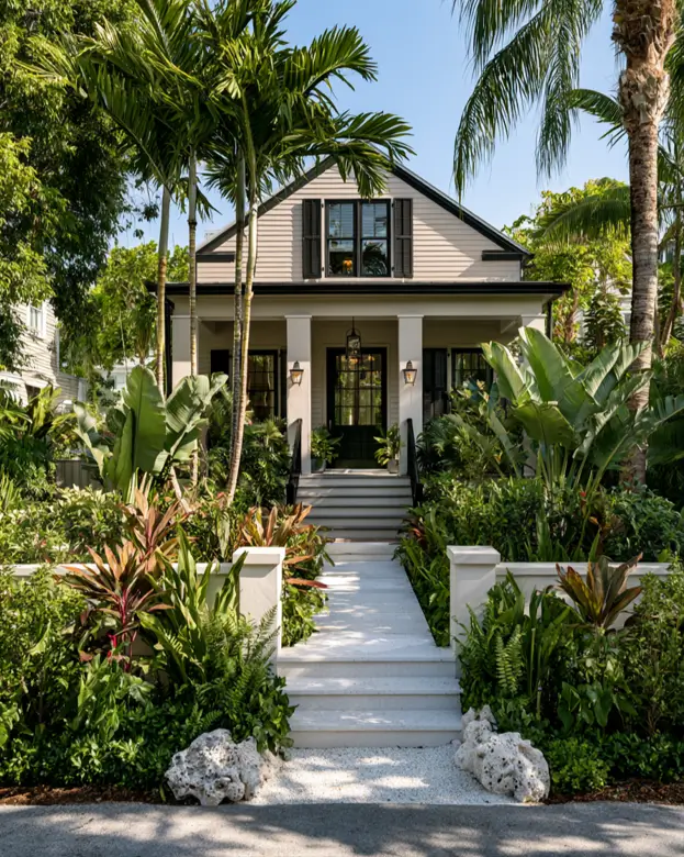 Taupe House With Black Trim: 28 Ideas + Best Paint Colors 21 Taupe house with black trim on a warm greige Key West cottage with black gable shutters and a black door