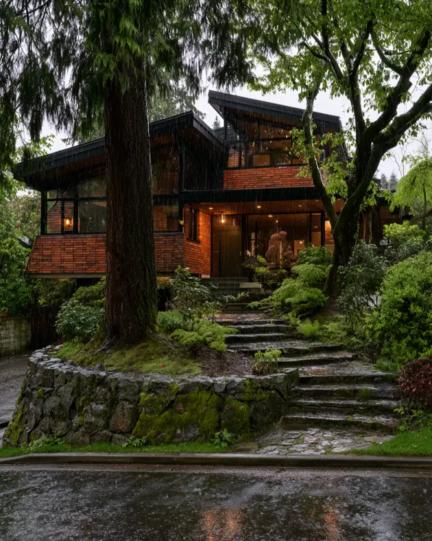 46 Red Brick House With Black Trim Ideas for Standout Curb Appeal 21 Red brick woodland house with black trim, black-framed glass, and dark timber eaves